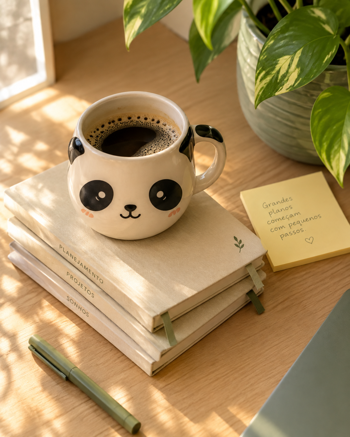 Mesa com caneca de panda e cadernos Ideias, Experiências, Conteúdos